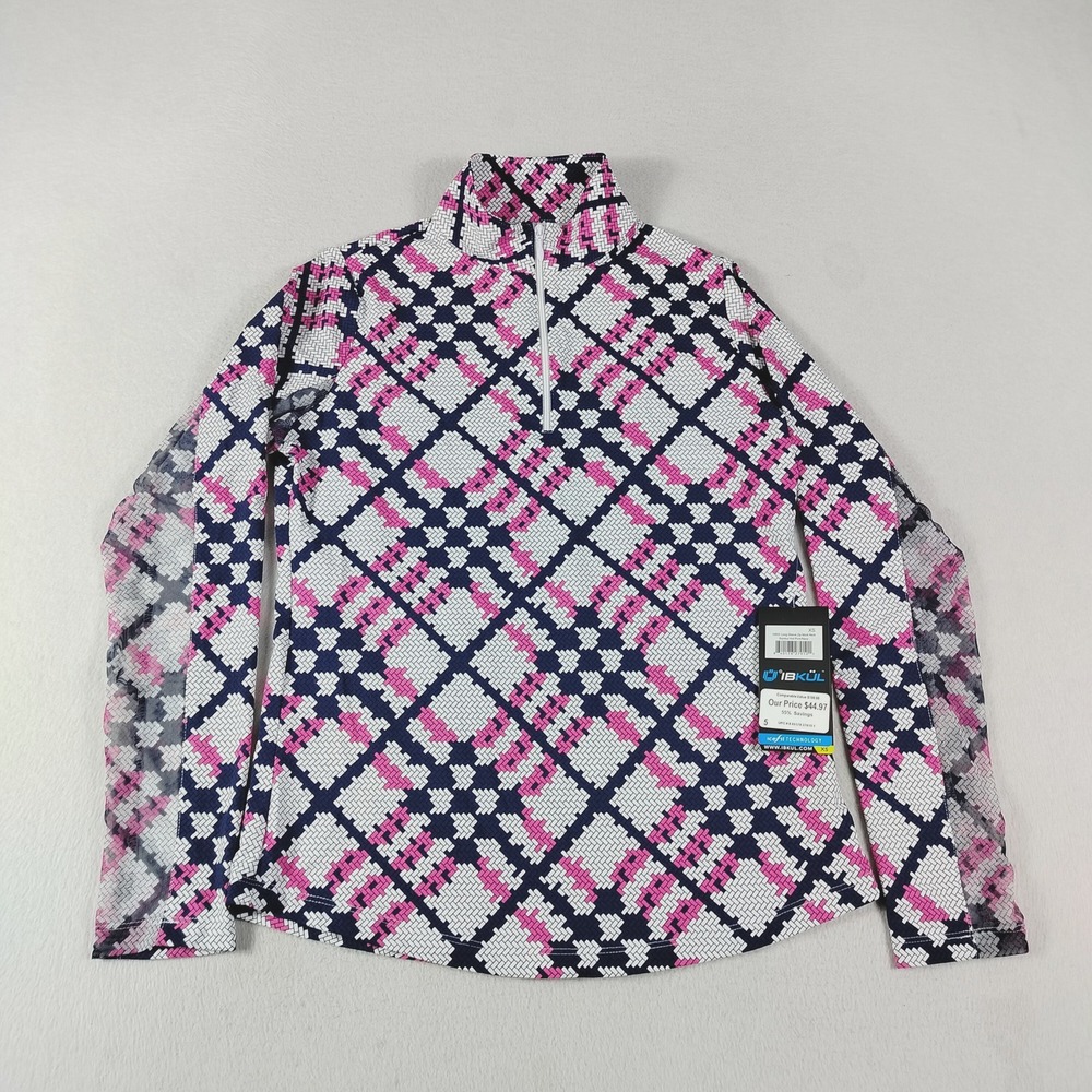 IBKUL Long Sleeve Zip Mock Neck Pullover Womens XS Pink Navy Sonika UPF‎ 50+ New